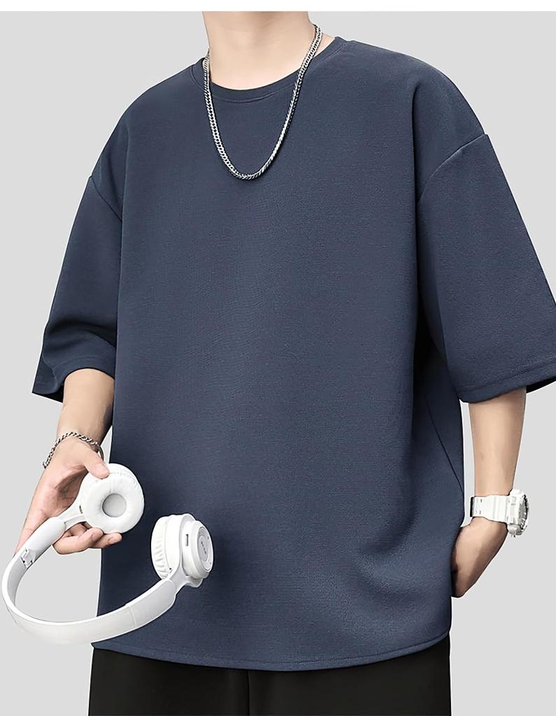 Yezai Short Sleeve Summer Cool To the Loose Solid Men's T-Shirt, Touch, Oversized, Breathable, Sweat-Wicking, Quick-Drying, 3/4 Sleeves, Fit, Color,