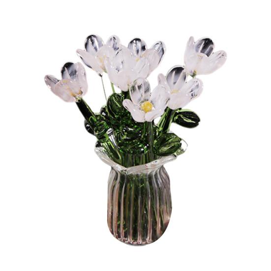 Glass Flower Bouquet with Vase Hand-Blown Mini Flower Decoration Home Living Room Handmade Simulation Floral Ornament with