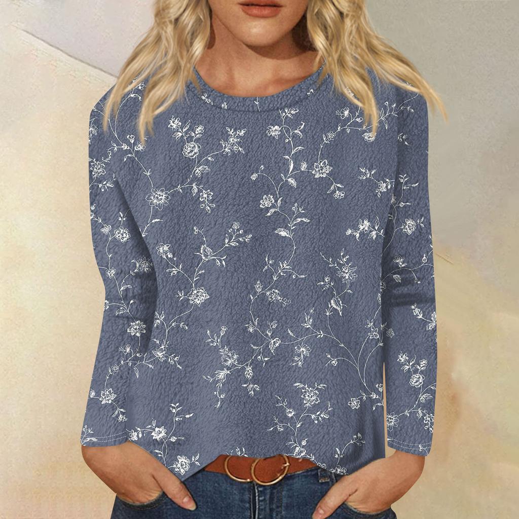 Женская модная повседневная фланелевая футболка с длинным рукавом и круглым вырезом с принтом