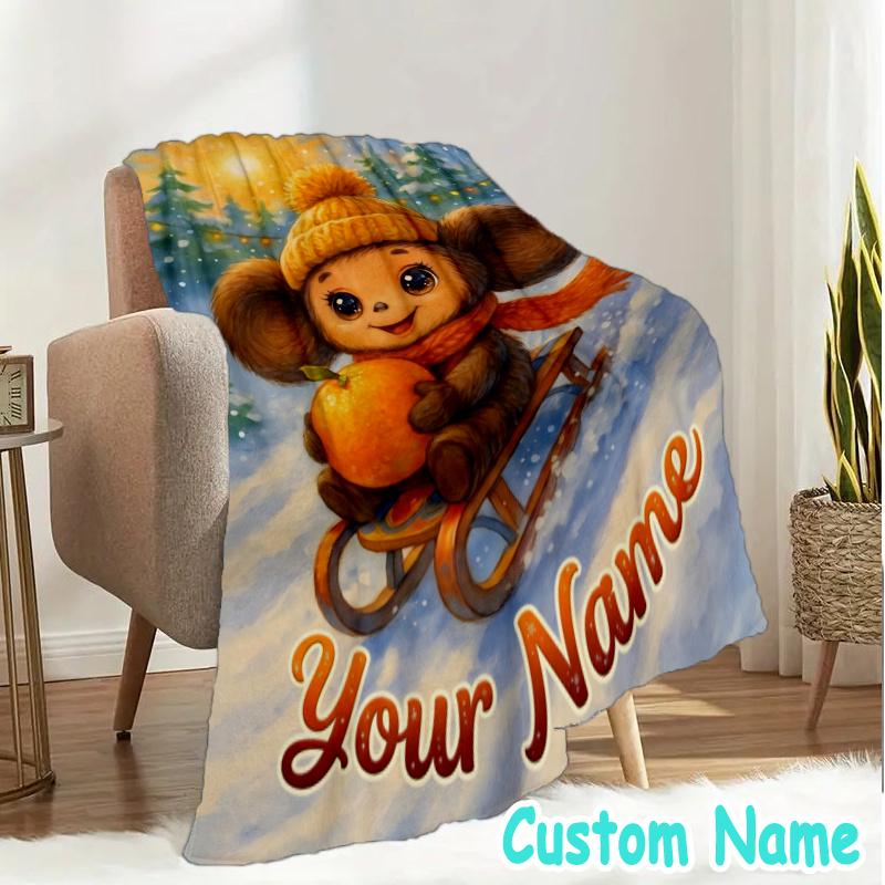 Custom Name Cheburashka Throw Blanket - Perfect for Couch, Bed, Office, and outdoor Travel - Ideal Gift for Christmas & Holidays