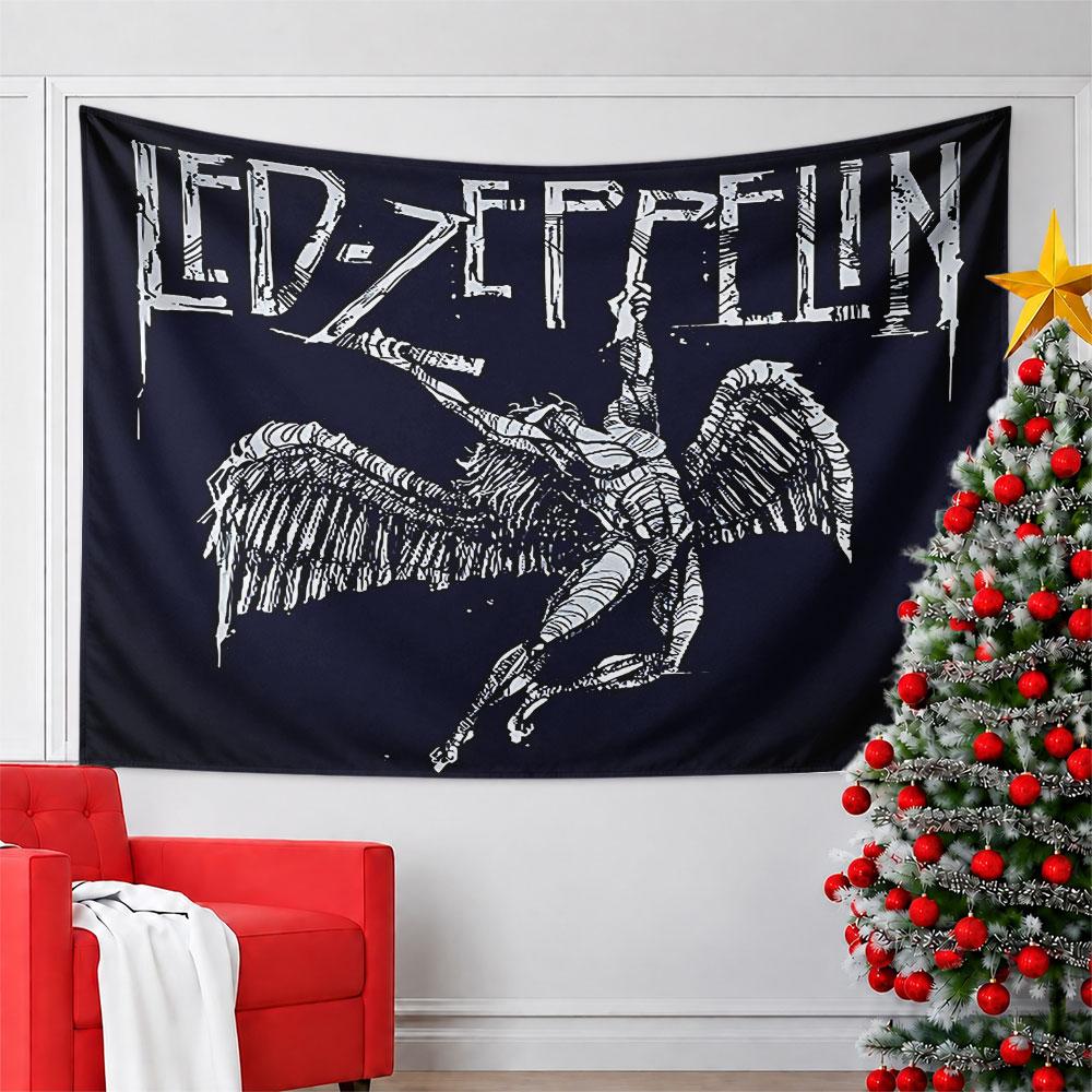 A winged humanoid figure is depicted below stylized text in sharp lines. Patterned tapestry for bedroom and living room home decor