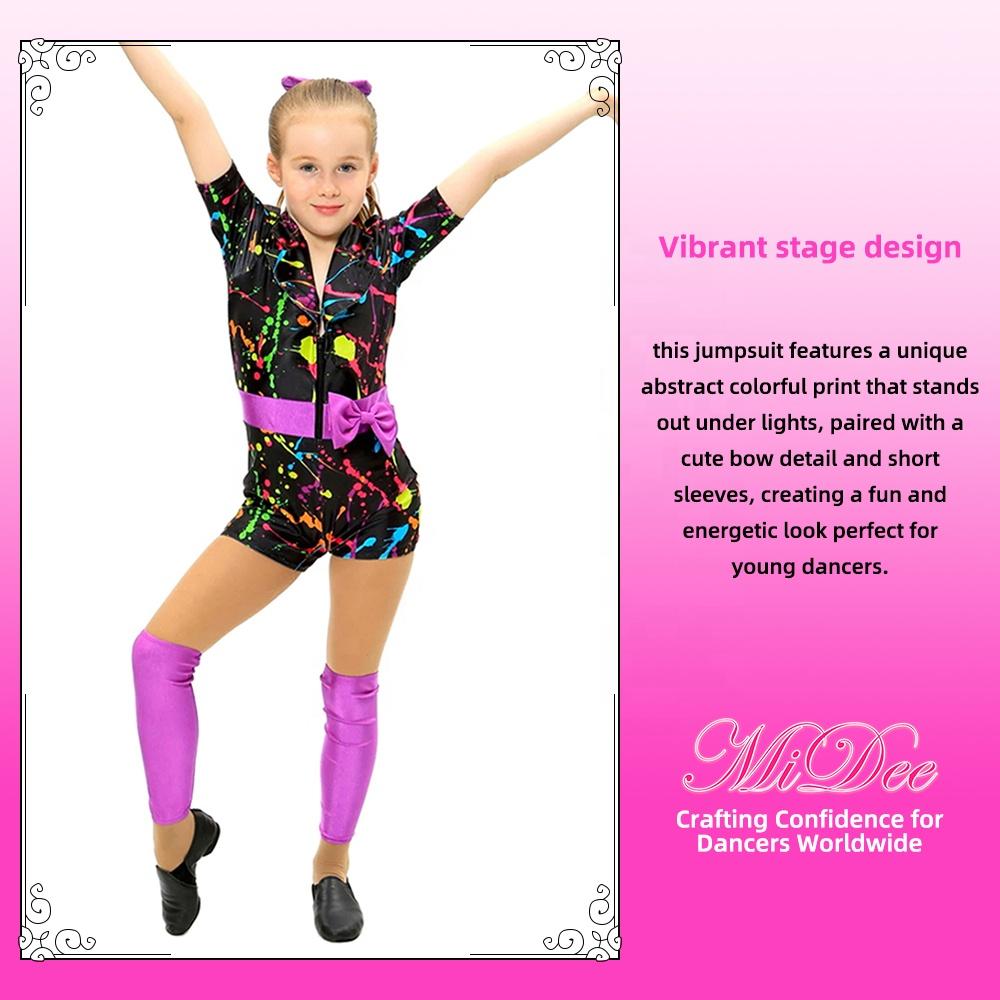 MiDee Abstract Colorful Hip Hop Dance Jumpsuit for Girls Children with Bow and Includes Separate Bra for Stage Performance