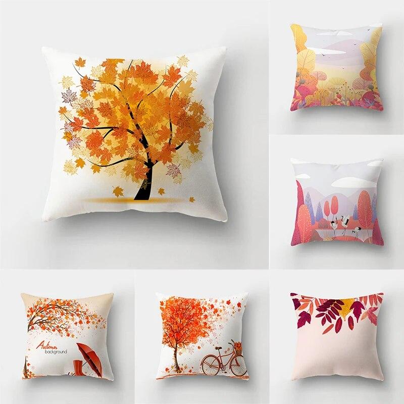 Autumn Landscape Printing Pillowcase Maple Leaf Tree Plant Sofa Cushion Cover Office Car Creative Decoration Home