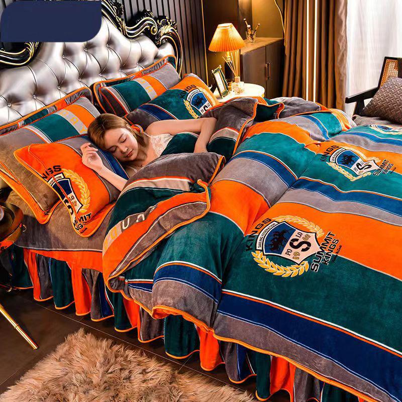 Размер King Size/Queen Size/Twin Size Зимняя молочная флисовая юбка-кровать Пододеяльник Наволочка Комплект из четырех предметов Утолщенное теплое простое постельное белье Высокое качество