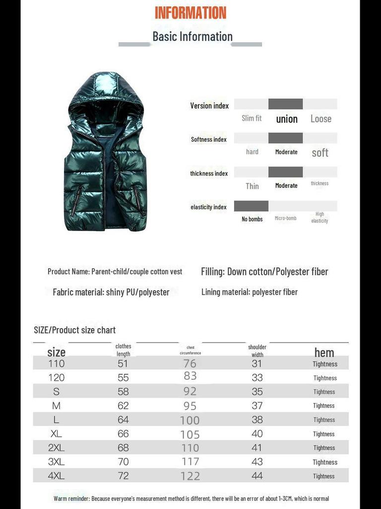 Matching Parent-Child Cotton Vest: Winter Shiny Waistcoat, Garden Uniform, Workwear, Class Uniform with Logo Printing