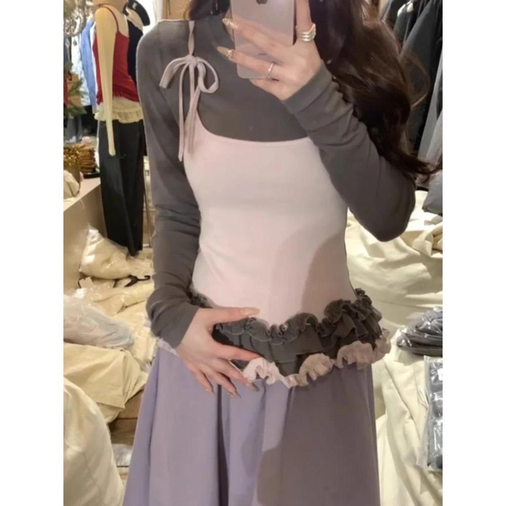 Корейские женские футболки Fake Two Chic Tees Длинные рукава О-образный вырез Оборки Милые майки Бандаж Повседневные футболки Y2k