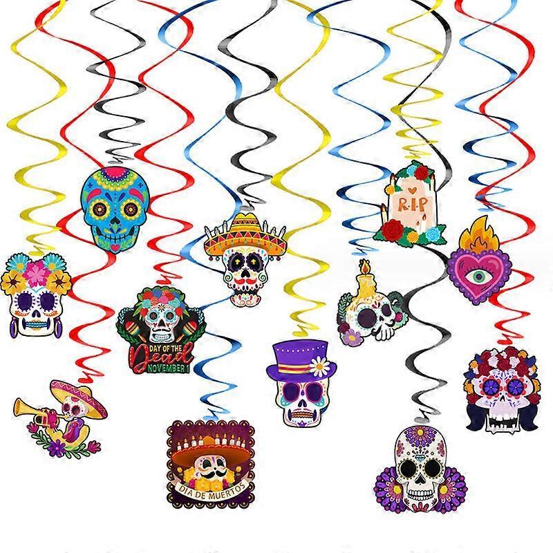 12 Pieces Day of The Dead Sugar Skull Halloween paper Ornaments Ghost Hanging indoor Skeleton Cats Decorations for Mexican Halloween Party Indoor Pati
