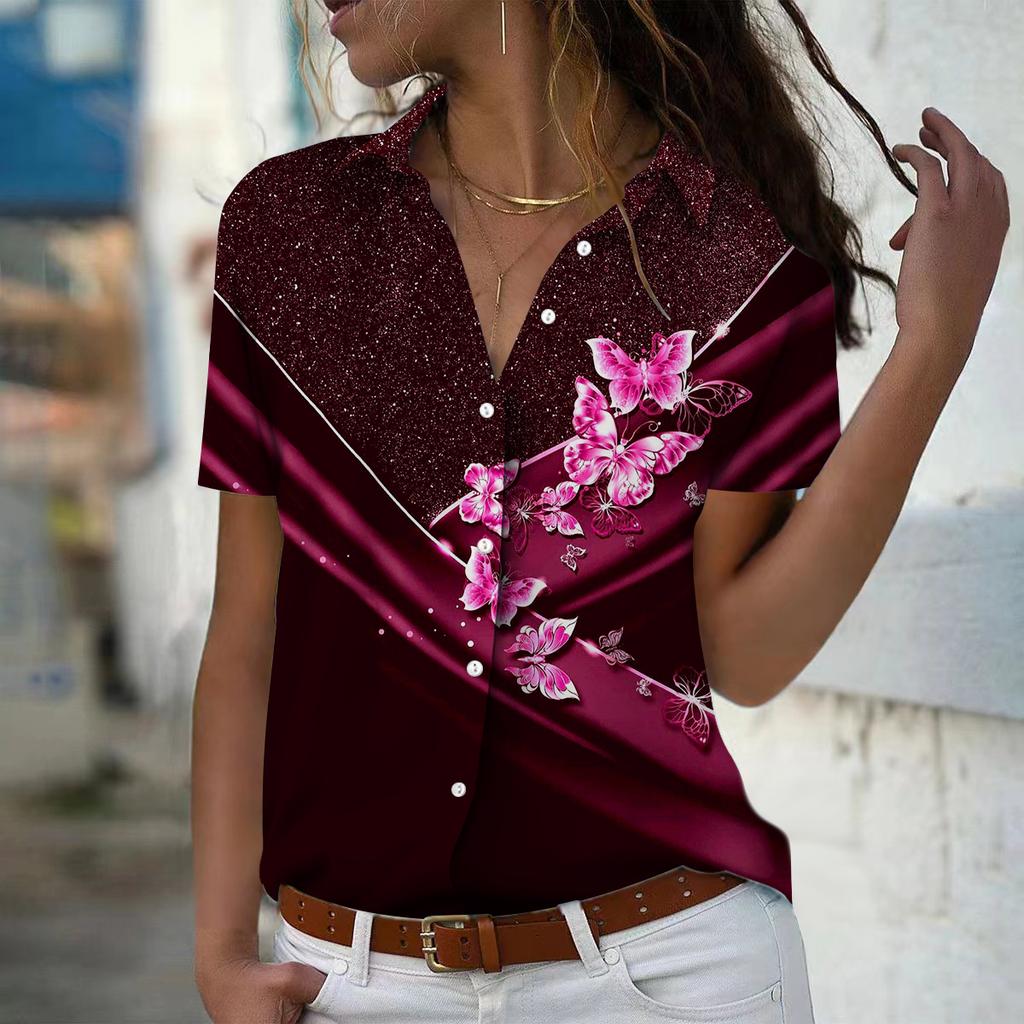 2025 Лето Новая Мода Женская Повседневная Рубашка Топ с Коротким Рукавом и V-образным Вырезом на Пуговицах с Принтом Бабочек