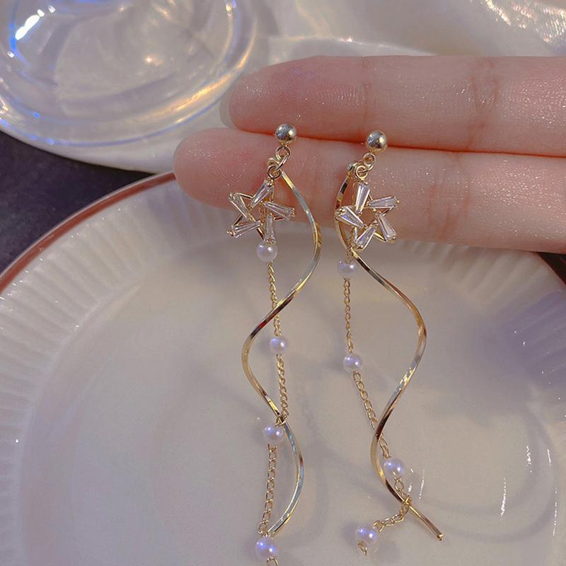 1Pair Long Earrings Temperament Star Imitation Pearl Long Tassel Drop Earrings For Women Wedding Jewelry Gift