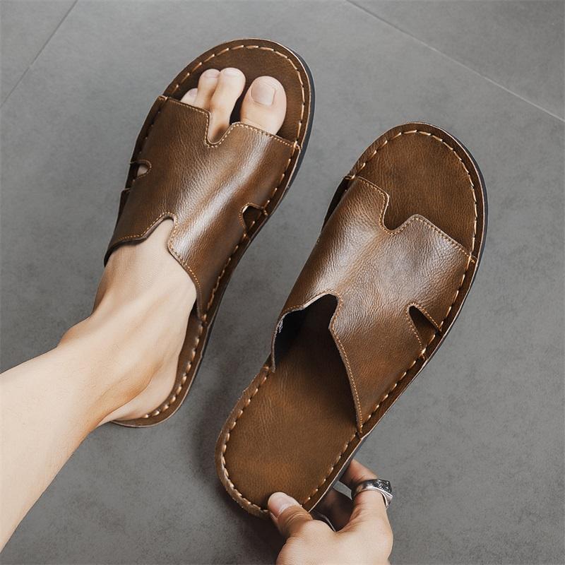 Men Slippers Handmade Simple Flats Sandals Outdoor Summer Brown Black Slide Slippers Open Toe Beach Shoes Plus Size