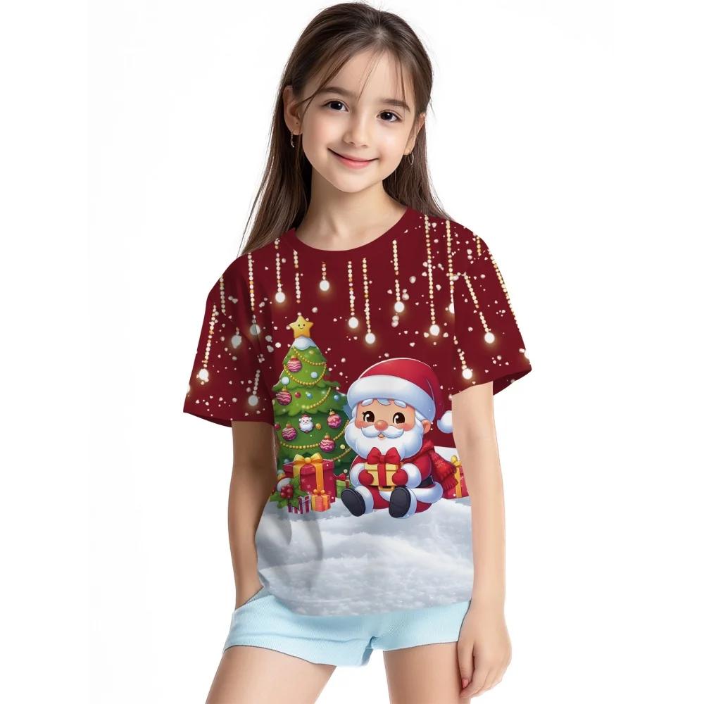 3D printed Christmas T-shirt for girls, Santa Claus short sleeved round neck casual Christmas girl top