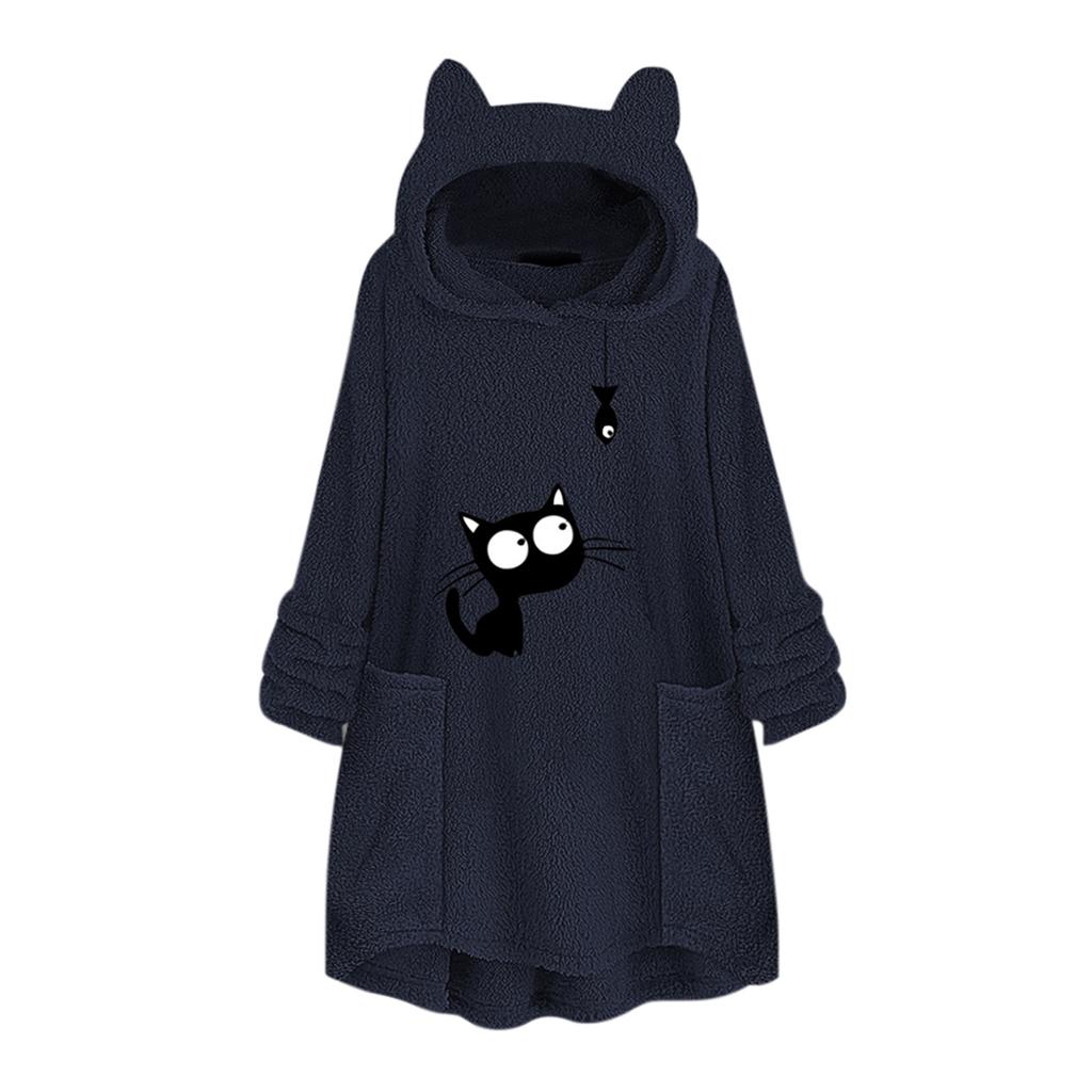 Women Fleece Embroidery Cat Ear Plus Size Hoodie Pocket Top Sweater Blouse