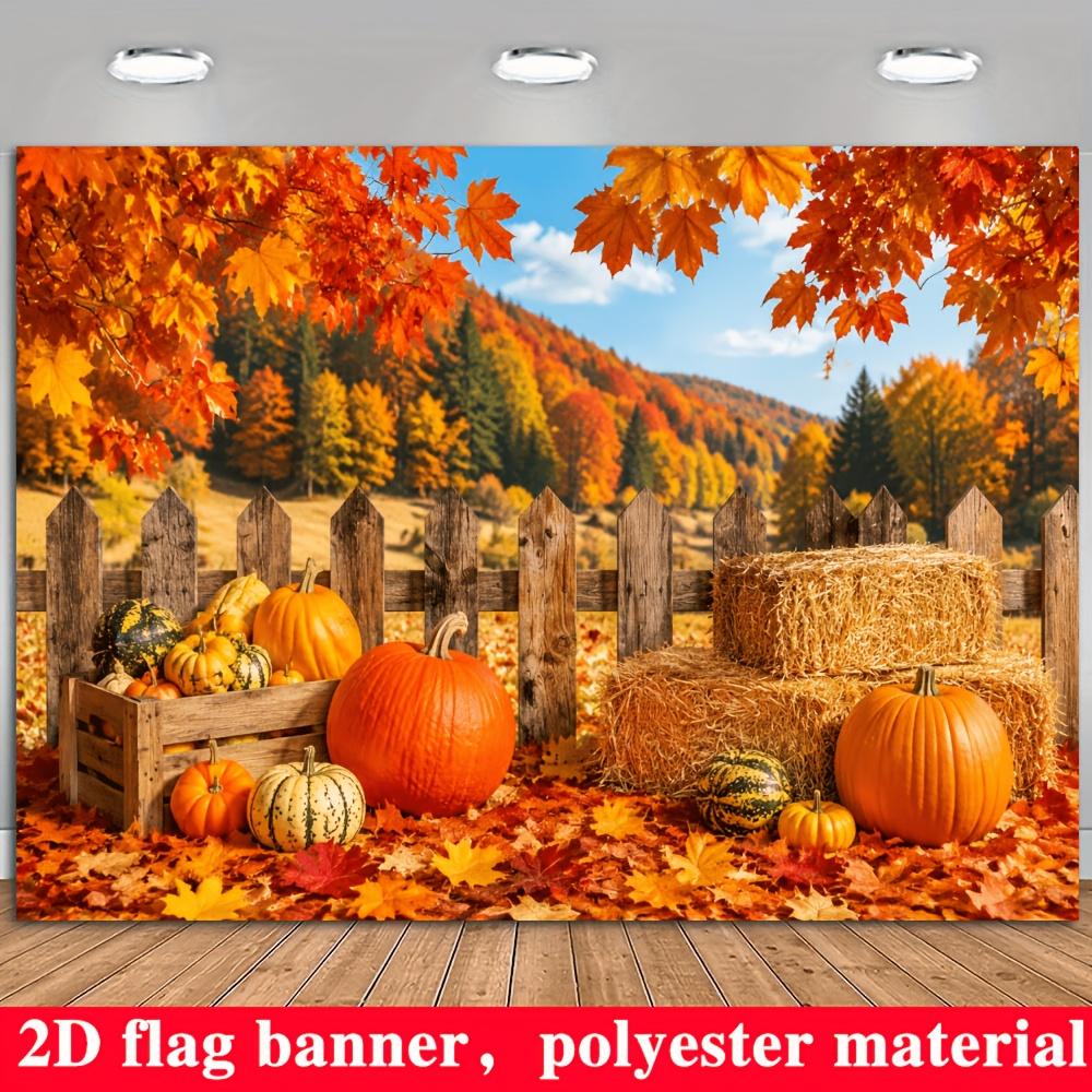 2D planar flag. Autumn harvest theme banner background featuring red maple leaves and various colors of pumpkins.zyc