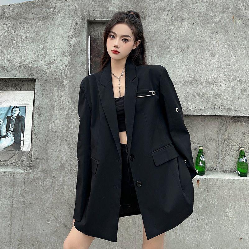 Премиальное черное пальто свободного кроя с уникальным дизайном для женщин, уличный модный шикарный блейзер небольшого размера с первоклассным ощущением