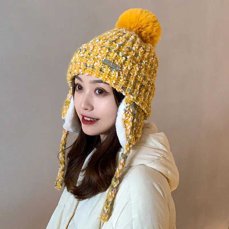 Шерстяная шапка женская зимняя, теплая и для отдыха, плюс бархатные толстые наушники. Милая и универсальная морозостойкая вязаная шапка для езды на велосипеде Lei Feng.