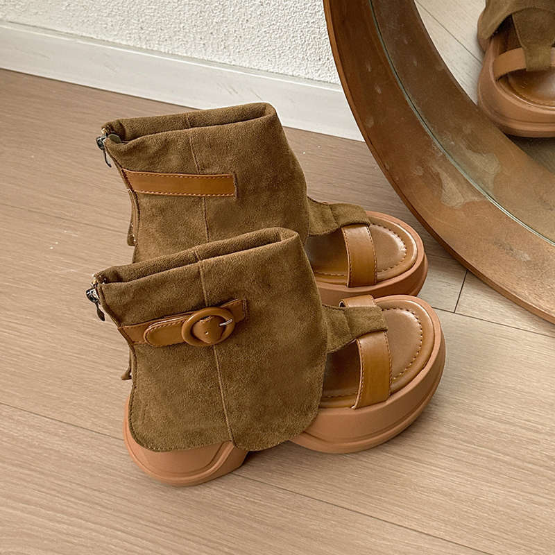 Ботинки женские летние новые крутые ботинки женские с открытым носком ботинки-чулки на толстой подошве увеличивающие рост западные ковбойские короткие ботинки ботинки-брюки