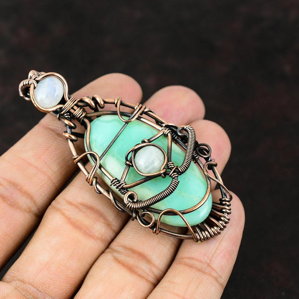 Evil Eye Chrysoprase Copper Pendant Copper Wire Wrapped Jewelry Gemstone Jewelry Rainbow Moonstone Jewelry Gift For Mother Evil Eye Jewelry