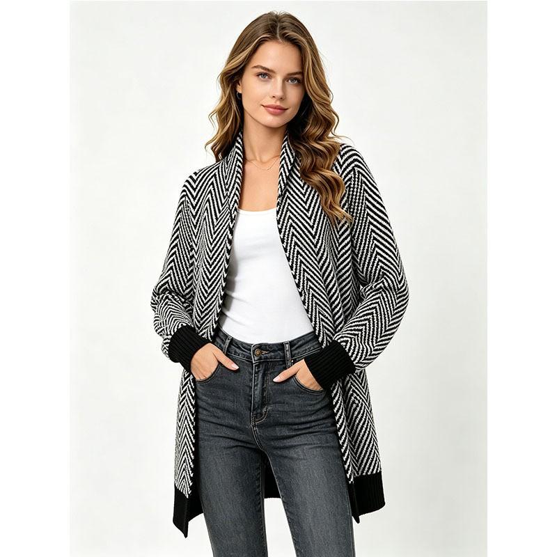 Womens Chevron Striped Knit Cardigan Long Sleeve Loose Fit Cozy Oversized Sweater Winter Layering