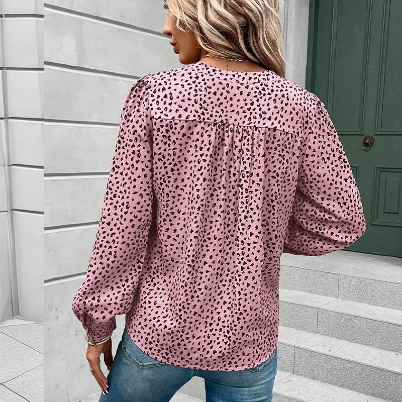 Women's V-neck Top Pullover Leopard Print Shirt Long Sleeves