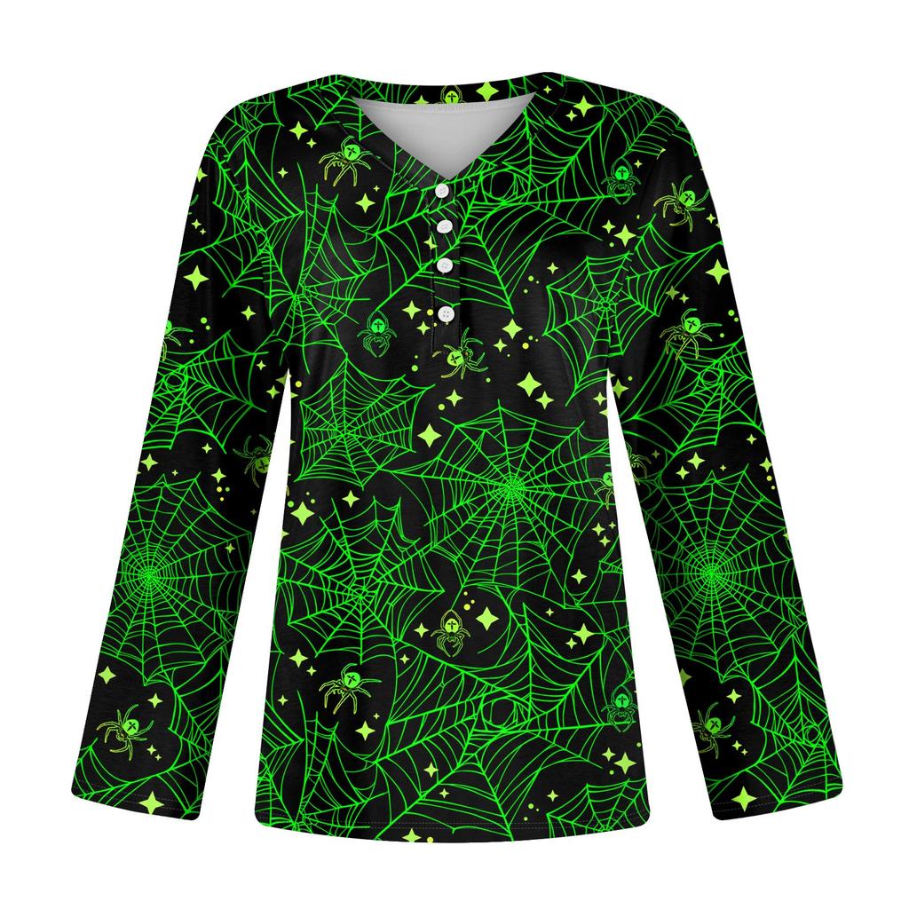 Женская повседневная мода, сексуальный комфорт, Хэллоуин с принтом и v-образным вырезом, пуговицы, длинный рукав