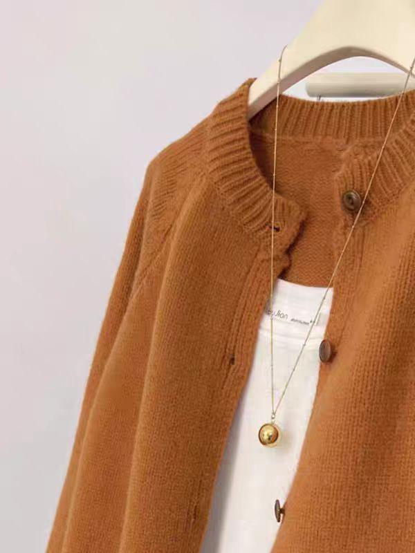 Women's Thickened Pure Wool Knit Cardigan with Round Neck & Raglan Sleeves - Casual, Versatile Autumn/Winter Outerwear