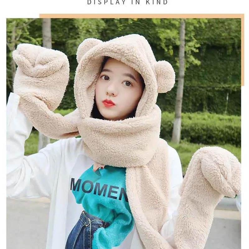 Шапка с медведем, корейская осенне-зимняя женская шапка, уличный велосипедный шарф с капюшоном, перчатки, один шарф, чтобы согреться
