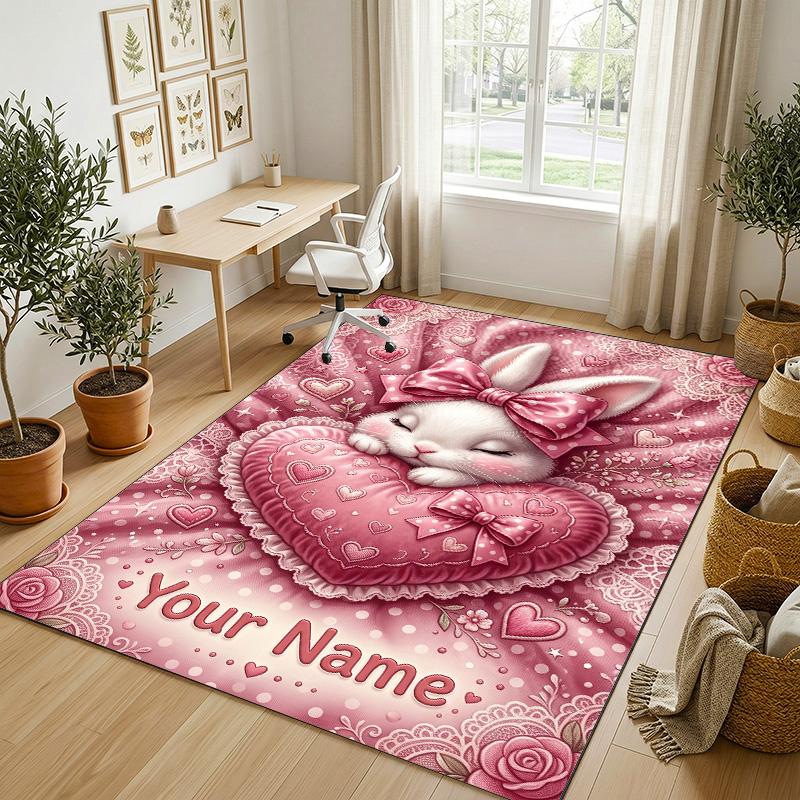 Easter Bunny Theme Crystal Velvet Rug Personalized Custom Name Text Soft Floor Mat Home Decor