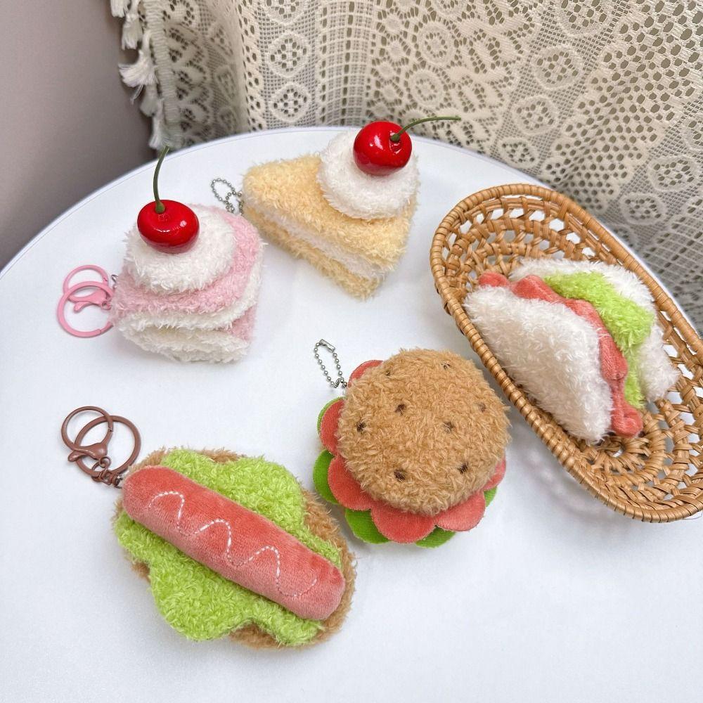 2pcs Kawaii Design Hamburger Keyring Plush Material Sandwich Keyring Cake Keyring Pendant Decor