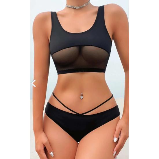Women's Black Cross Rope Detailed Stylish Bikini Set