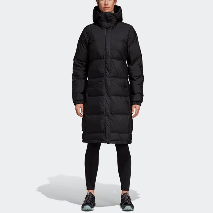 adidas Сплошное длинное хлопковое пальто на молнии с капюшоном, женская верхняя одежда, черный CY8647