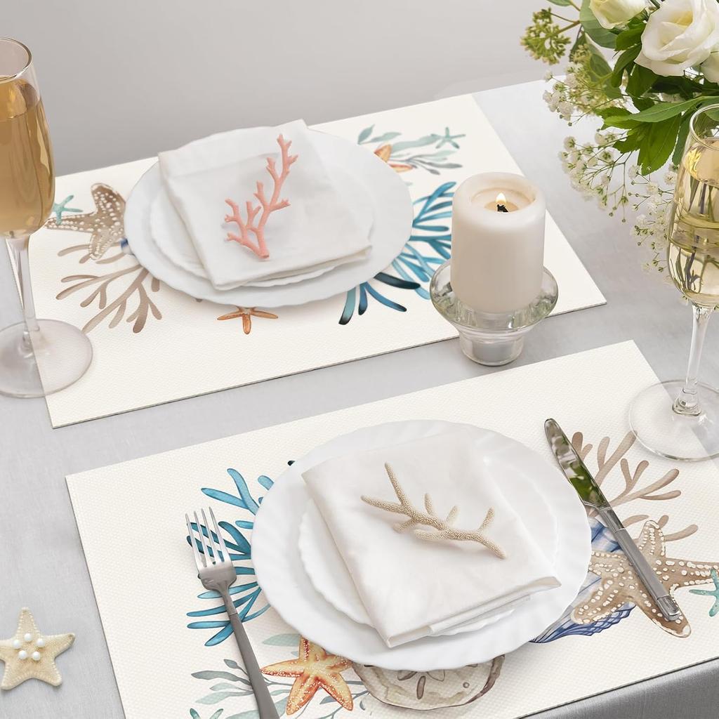 Bonhause Nautical Coastal Placemats Set of 4, 12x18 Inch Beach Starfish Seashell Ocean Coral Summer Kitchen Dining Table Mats Washable Place Mats for
