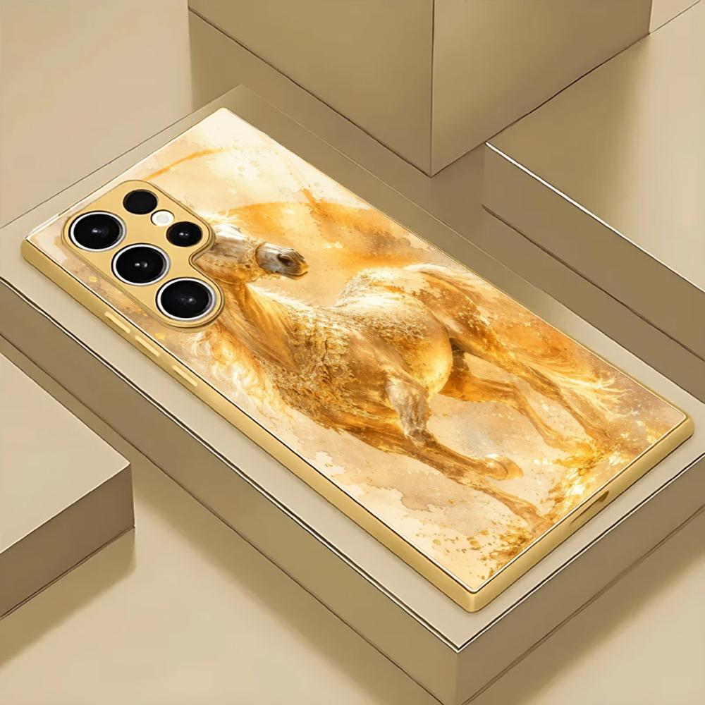 Electroplated Gold Shockproof Phone Case For Samsung Galaxy S26/S25 Edge/S24/S23 FE Ultra Featuring Lucky Golden Horse Design