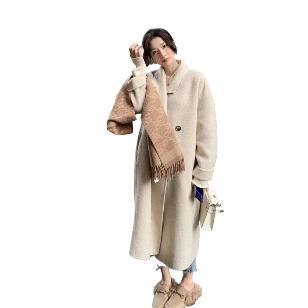2025 Autumn/Winter Grey Mid-Length Double-Faced Wool Coat: Loose Hand-Stitched Korean Style Women's Overcoat