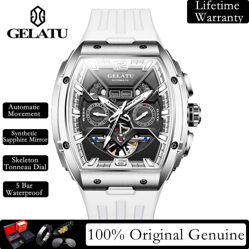 GELATU Automatic Men's Watches Original Silicone Strap Luxury Hollowed Dial Date Week 5Bar Waterproof Mechanical Man Watch 6013