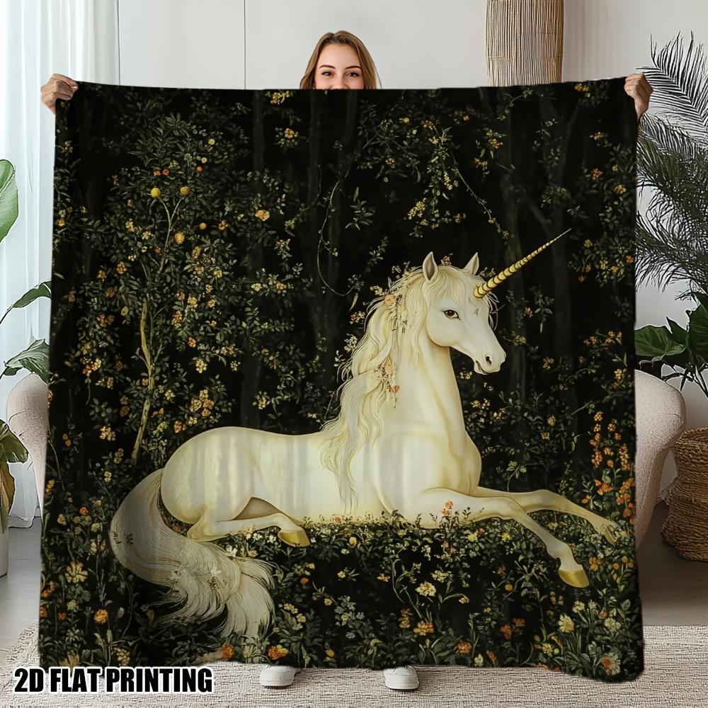 Fairy Tale Forest Unicorn Floral Throw Blanket Vintage Dark Garden Magic Animal Warm Fleece Couch Trip Household Dark Cottage