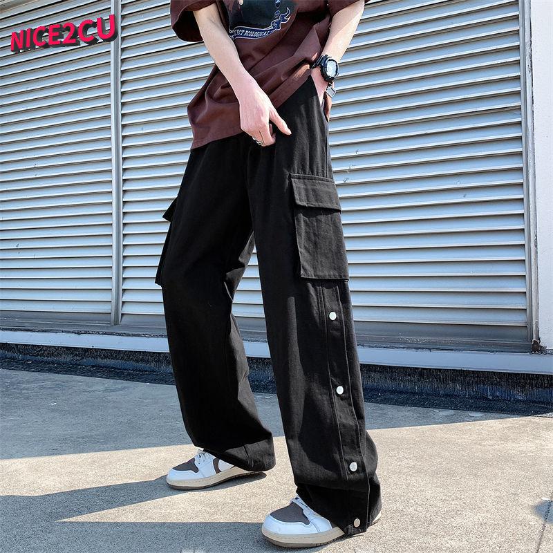 Лето 2023, новые трендовые мужские широкие брюки-карго, корейская уличная одежда, повседневные дизайнерские спортивные штаны большого размера с пуговицами для подростков