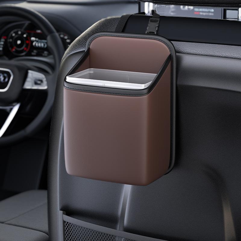 Car Trash Bin Leather Auto Seat Back Hanging Storage Box Bag Holder Rear Chair Trash Can Organizer Driver Side Pockets Garbage