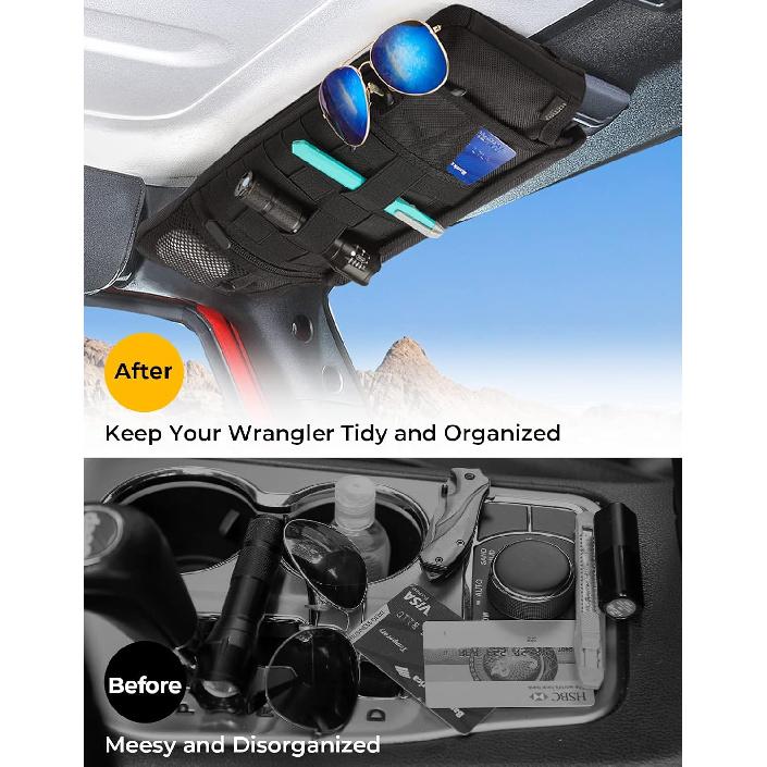 Upgraded Sun Visor Organizer Compatible With Wrangler JK 2007-2009, Multi-Pocket Net Zipper Visor Storage Cover, Molle Webbing Holder Pouch