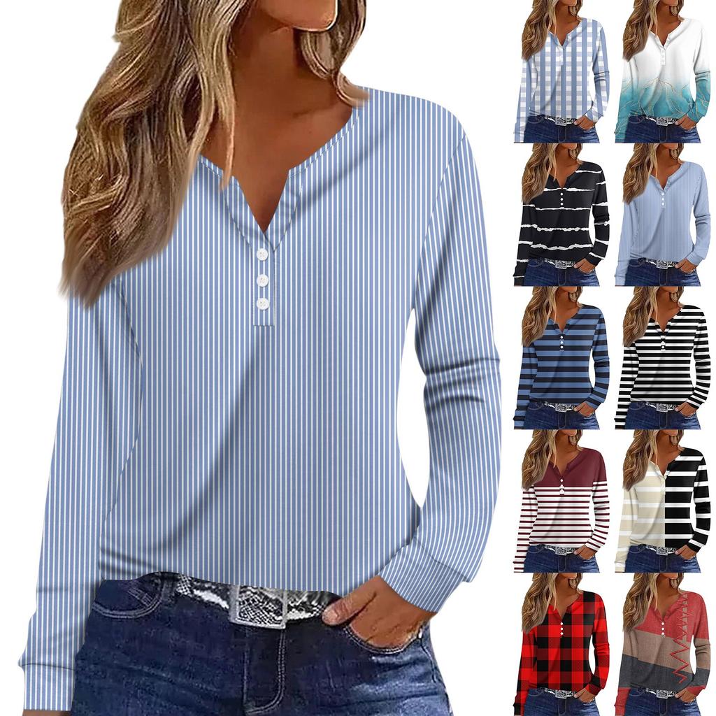 Women's T Shirt Tee Button Long Sleeve Daily Weekend Fashion Basic V- Neck Regular Top