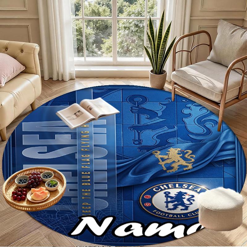 Custom Name Personalized Chelsea Football Club Print Round Rug, Versatile Home Decor Carpet, for Playroom, Apartment, Balcony, Entryway, Hallway Gift