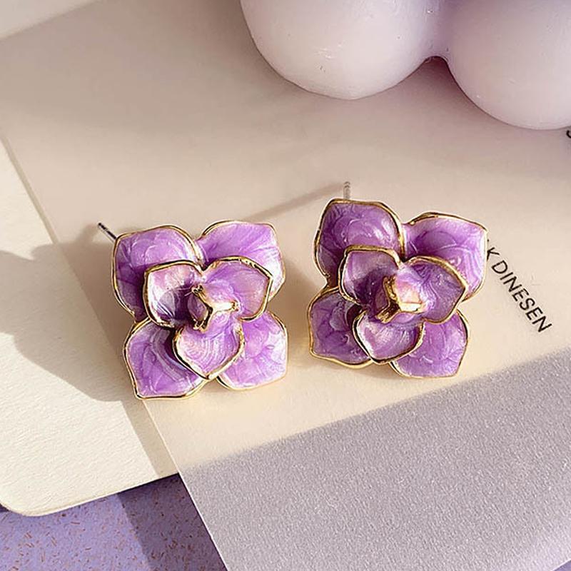 Purple Enamel Oil Flower Stud Earrings for Women Elegant Blooming Gardenia Flowers Earrings Wedding Party Sweet Jewelry Gift