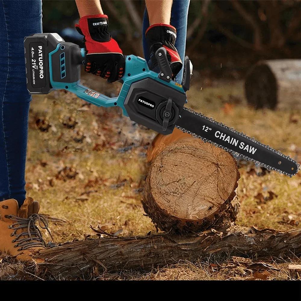 PATUOPRO 12inch Brushless Electric Chain Saw Cordless Chainsaw Woodworking Cutting Home Garden Power Tool For Makita 18V Battery