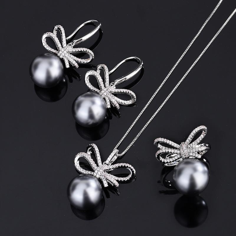 Ювелирные изделия Медное основание Позолоченное Инкрустированная серая бусина Бант Усыпанный бриллиантами Женский 14 мм