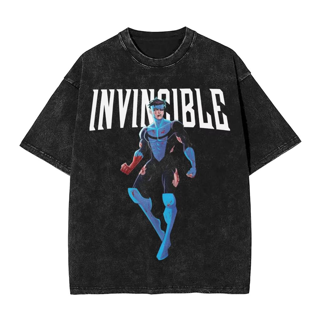 Vintage Washed Oversized TShirt InvincibleSuperhero Print Cotton Casual Short Sleeve Retro Streetwear Tee for Men Women