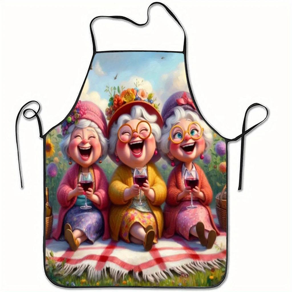 1pc Floral Print Sleeveless Polyester Apron with Three Elderly Women Picnic Joy Design - Unisex Kitchen Baking Cooking Apron