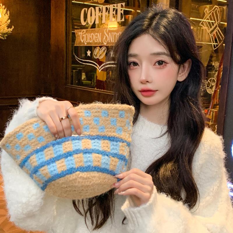 Новые осенне-зимние шляпы для женщин Модные клетчатые вязаные шерстяные шляпы Зимой теплые, закрывающие лицо, шляпа-ведро, шляпа-сумка, трендовые