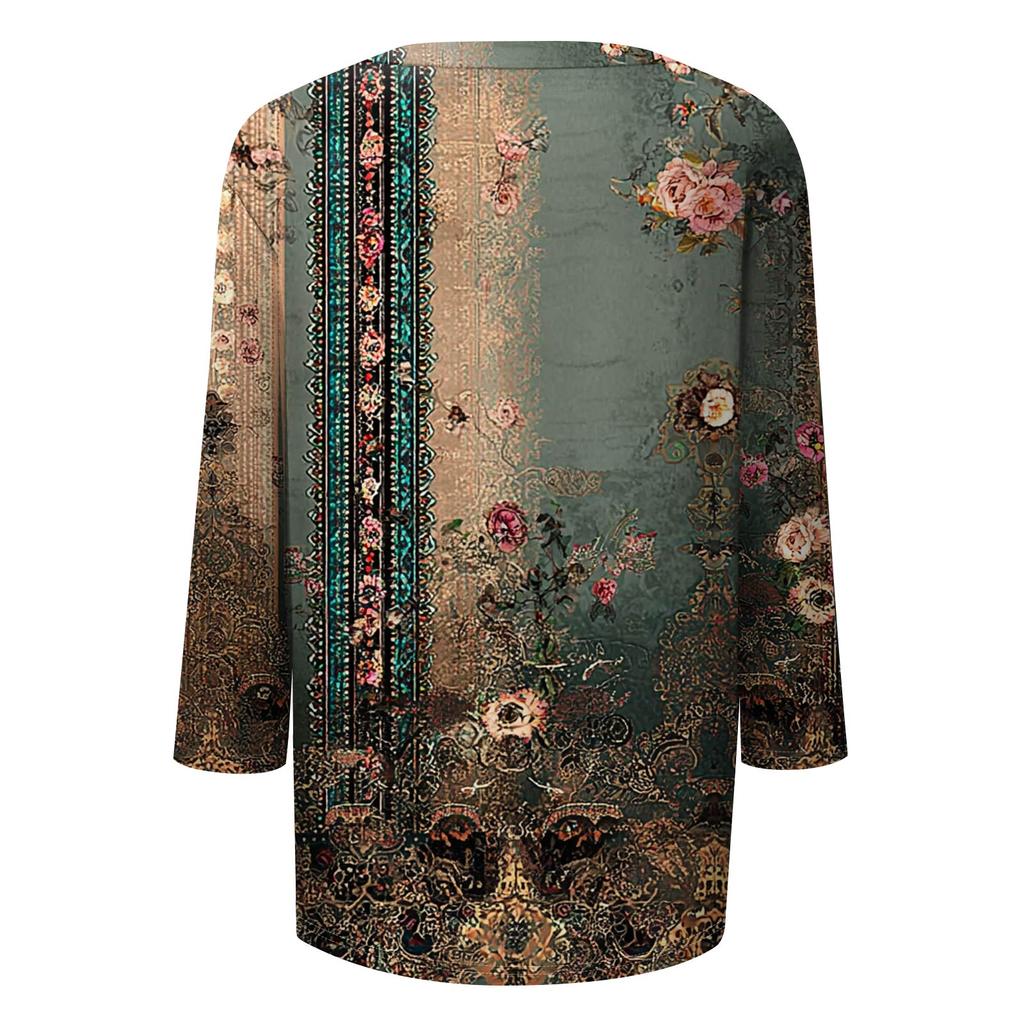 Trendy Vintage 3/4 Sleeve Top For Women,Ladies Casual Three Quarter Sleeve Round Collar Printed T-Shirt Blouse