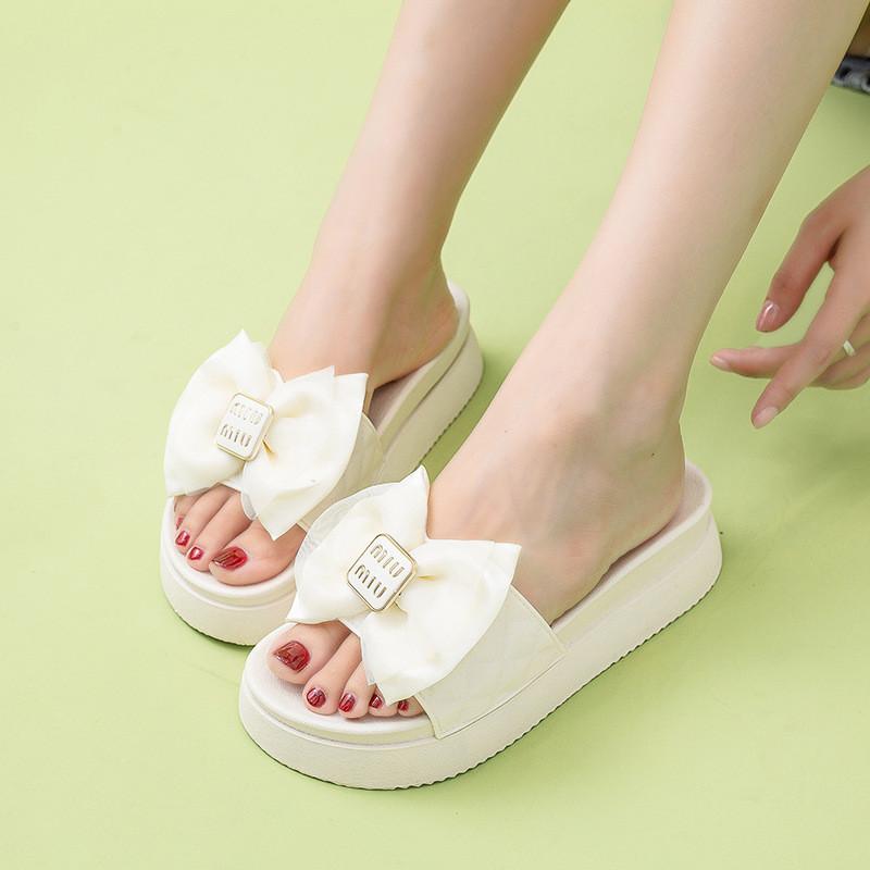 Stylish Thick Soled Bowknot Summer Slippers For Women Fashionable Casual Wear