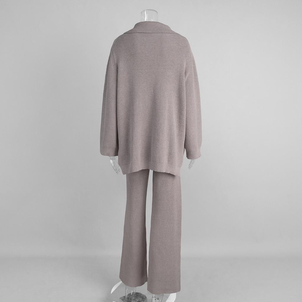 Новый женский вязаный костюм на осень-зиму 2025 года с воротником на молнии, длинными рукавами и брюками палаццо для Европы и Америки