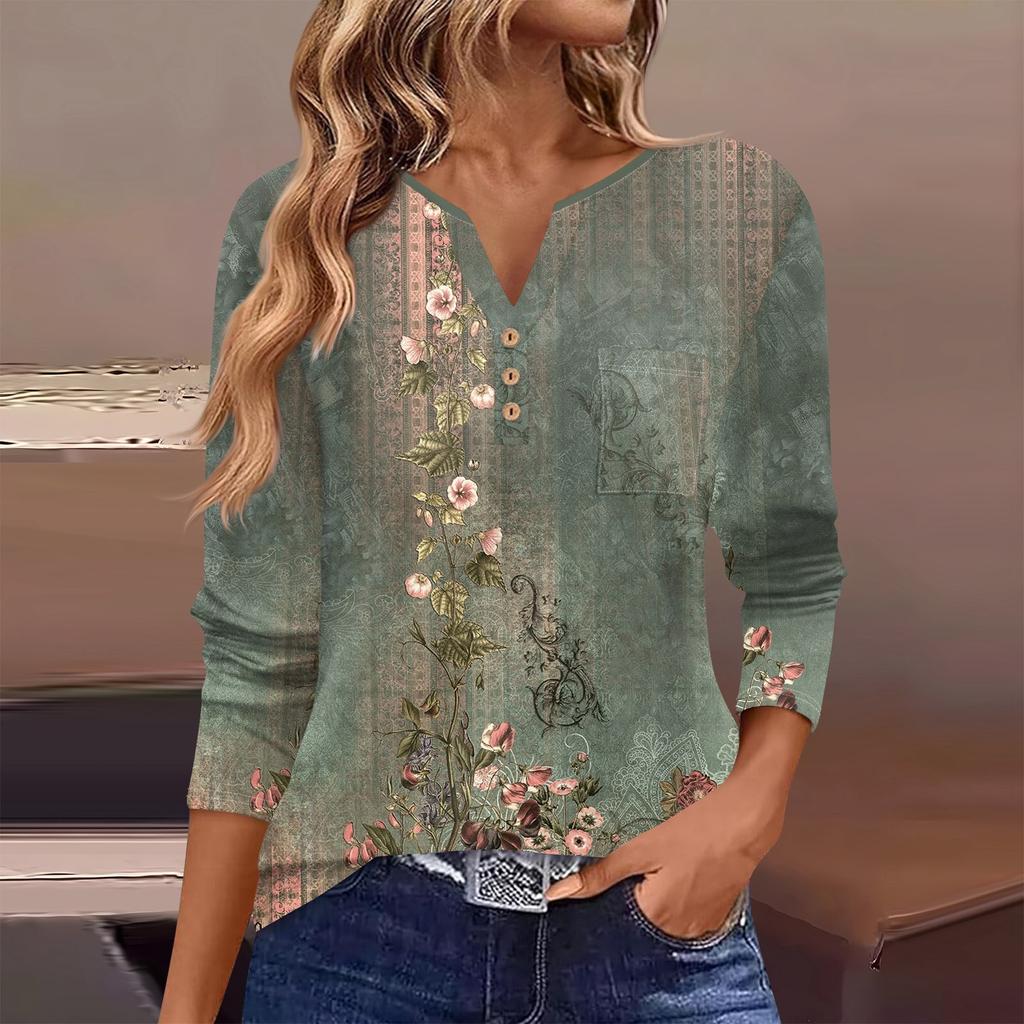 Женская футболка с длинным рукавом на пуговицах, повседневная, выходного дня, модная, базовая, с V-образным вырезом, обычная, с карманом